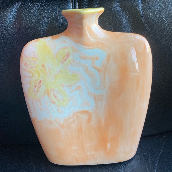 Vintage Art Deco Glazed Ceramic Vase with Peach, Yellow and White Designs - Picture 2 of 12